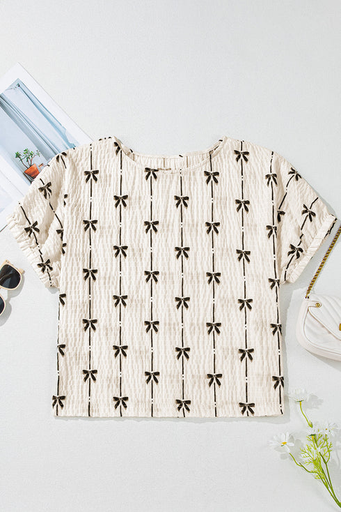 Textured Bow Print Puff Sleeve Square Neck Blouse