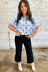 Textured Bow Print Puff Sleeve Square Neck Blouse