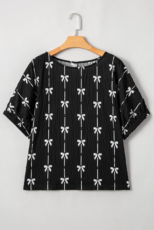 Textured Bow Print Puff Sleeve Square Neck Blouse