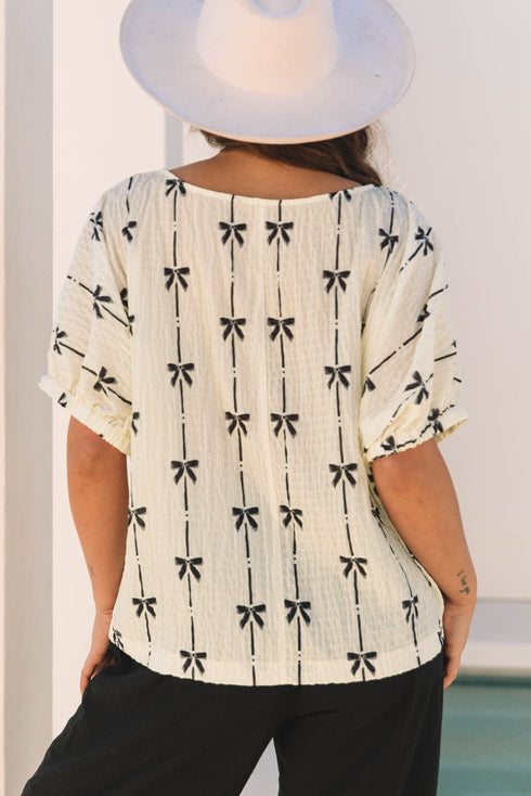 Textured Bow Print Puff Sleeve Square Neck Blouse