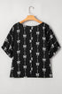 Textured Bow Print Puff Sleeve Square Neck Blouse
