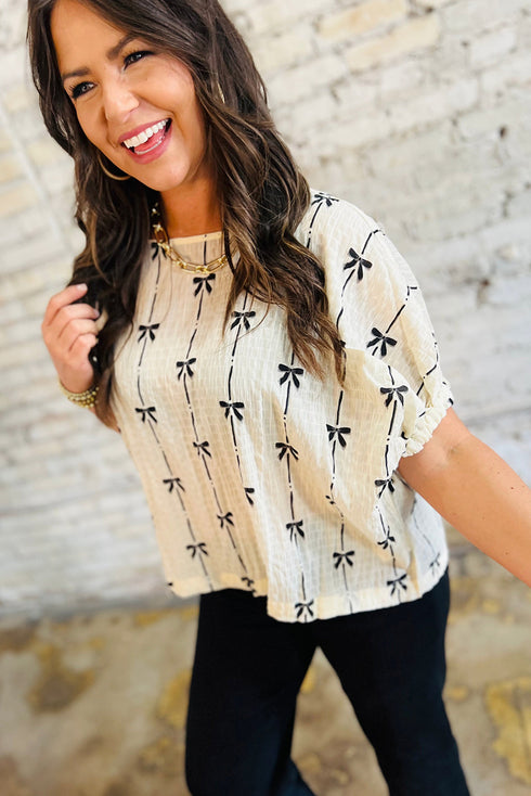 Textured Bow Print Puff Sleeve Square Neck Blouse
