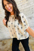 Textured Bow Print Puff Sleeve Square Neck Blouse