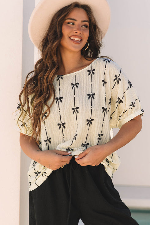 Textured Bow Print Puff Sleeve Square Neck Blouse