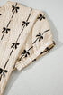 Textured Bow Print Puff Sleeve Square Neck Blouse
