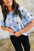 Textured Bow Print Puff Sleeve Square Neck Blouse