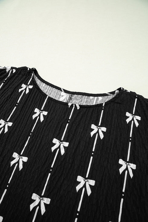 Textured Bow Print Puff Sleeve Square Neck Blouse