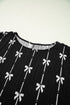 Textured Bow Print Puff Sleeve Square Neck Blouse