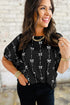Textured Bow Print Puff Sleeve Square Neck Blouse