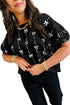 Textured Bow Print Puff Sleeve Square Neck Blouse