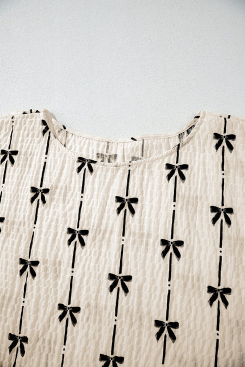 Textured Bow Print Puff Sleeve Square Neck Blouse