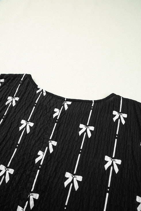 Textured Bow Print Puff Sleeve Square Neck Blouse