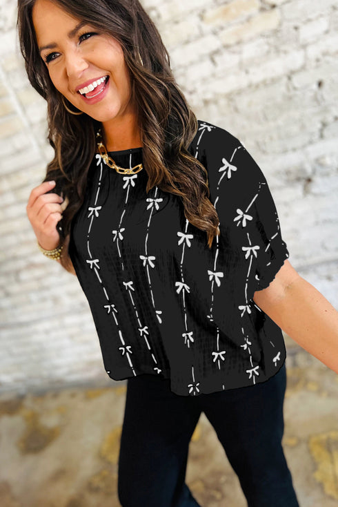 Textured Bow Print Puff Sleeve Square Neck Blouse