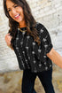 Textured Bow Print Puff Sleeve Square Neck Blouse