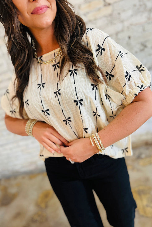 Textured Bow Print Puff Sleeve Square Neck Blouse