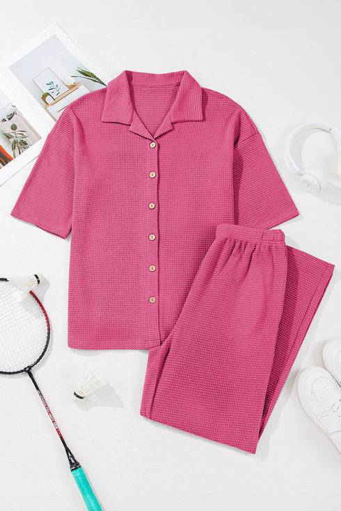 Textured Button Down Shirt And Casual Pant Sets