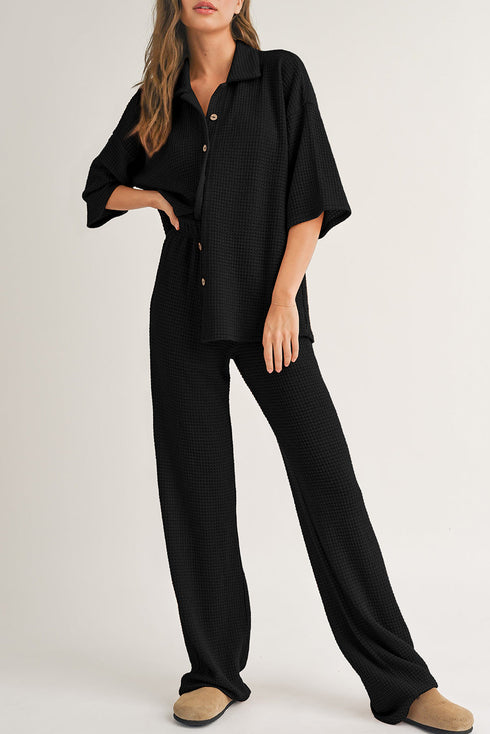 Textured Button Down Shirt And Casual Pant Sets