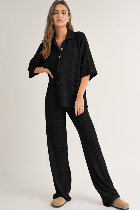 Textured Button Down Shirt And Casual Pant Sets