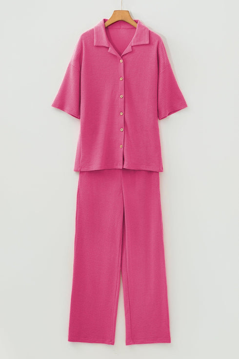 Textured Button Down Shirt And Casual Pant Sets