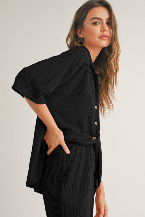 Textured Button Down Shirt And Casual Pant Sets