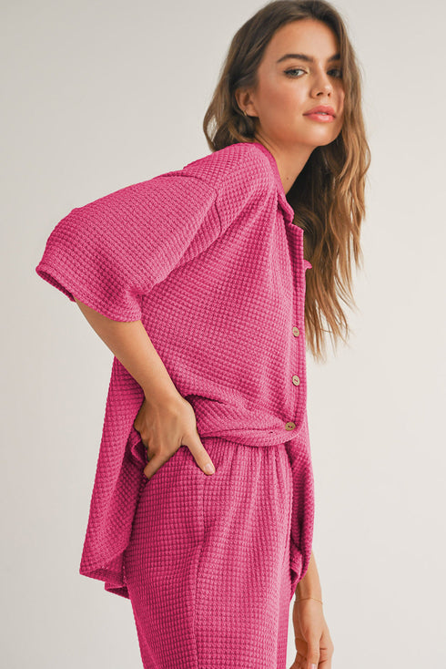 Textured Button Down Shirt And Casual Pant Sets