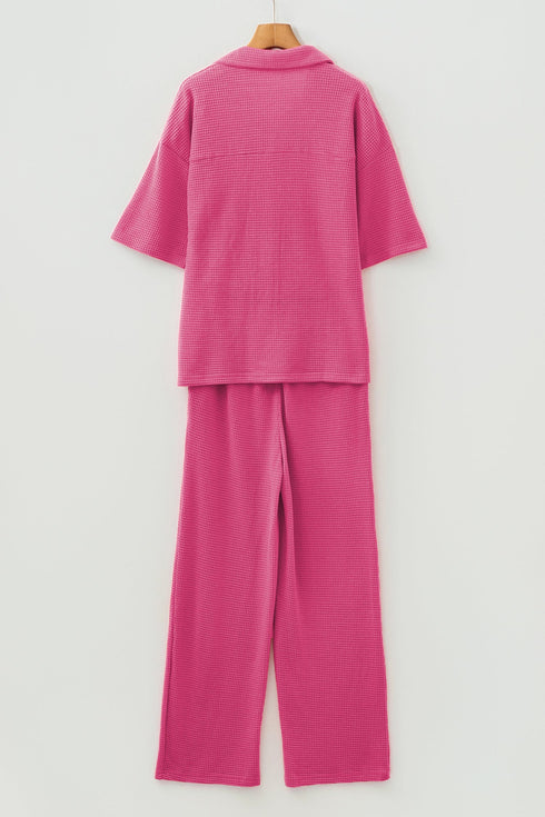 Textured Button Down Shirt And Casual Pant Sets