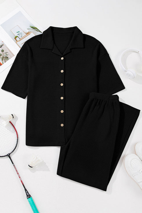 Textured Button Down Shirt And Casual Pant Sets