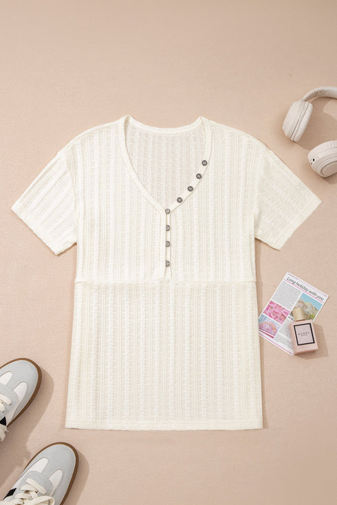 Textured Button Front Short Sleeve Raw Seam Henley Tee