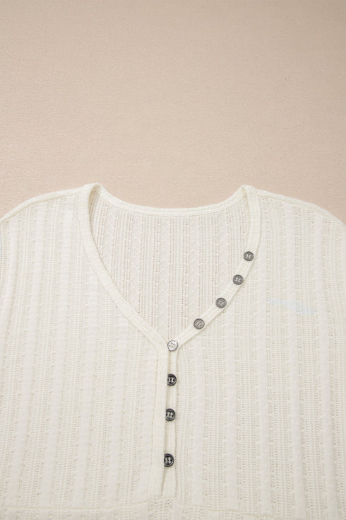 Textured Button Front Short Sleeve Raw Seam Henley Tee