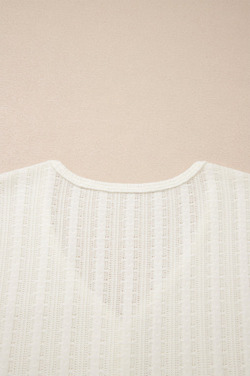 Textured Button Front Short Sleeve Raw Seam Henley Tee