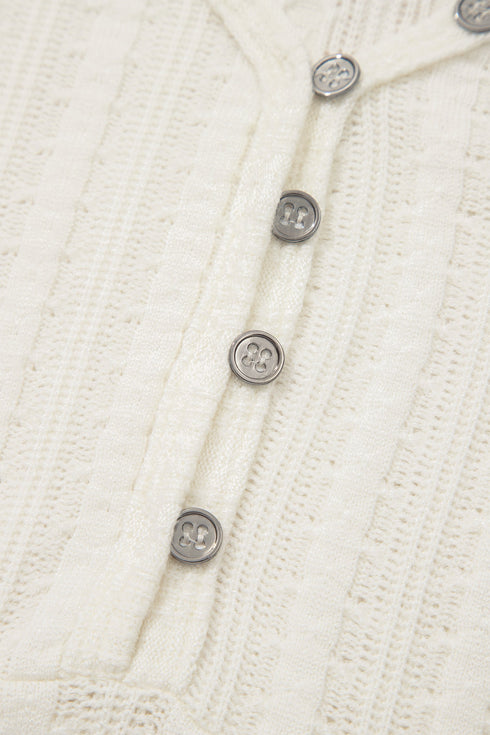 Textured Button Front Short Sleeve Raw Seam Henley Tee