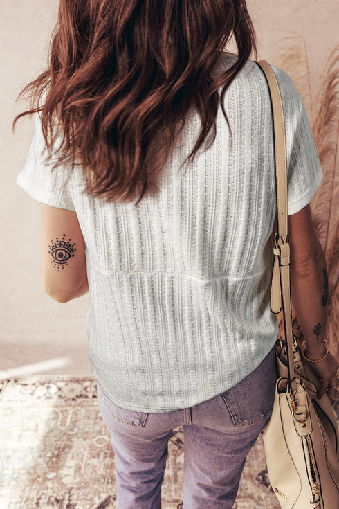 Textured Button Front Short Sleeve Raw Seam Henley Tee