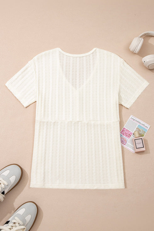 Textured Button Front Short Sleeve Raw Seam Henley Tee