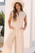 Textured Button Front Wide Leg Sleeveless Jumpsuit