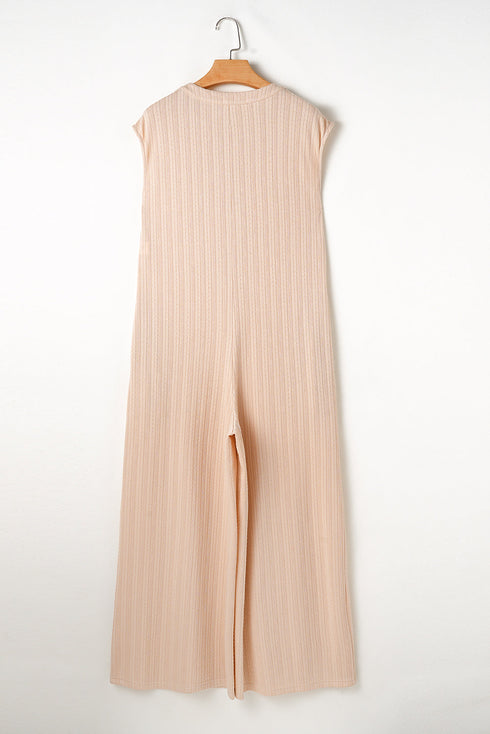 Textured Button Front Wide Leg Sleeveless Jumpsuit