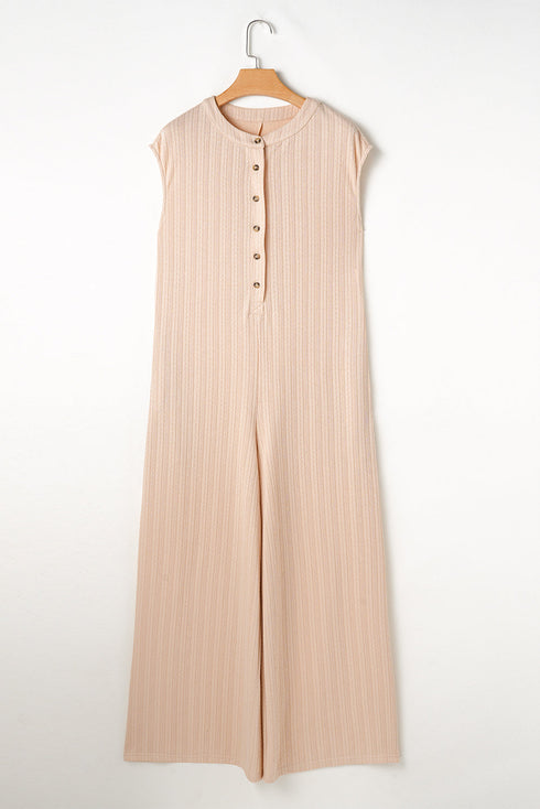 Textured Button Front Wide Leg Sleeveless Jumpsuit