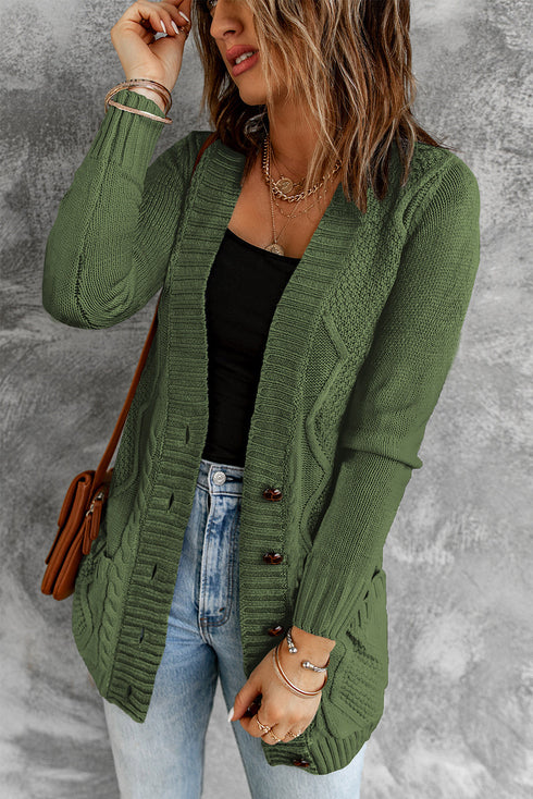 Textured Cable Knit Button Front Long Cardigan