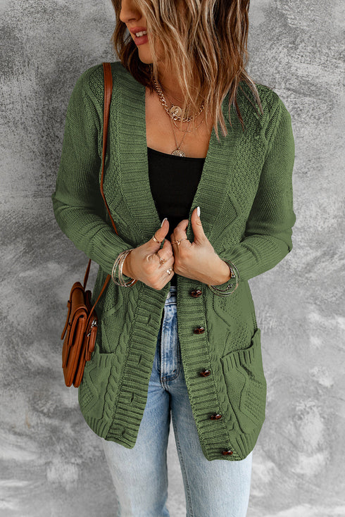 Textured Cable Knit Button Front Long Cardigan