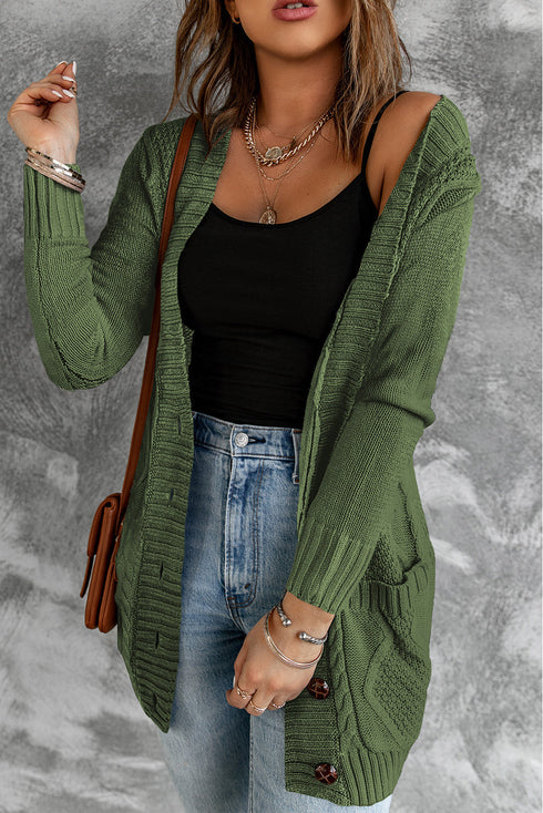 Textured Cable Knit Button Front Long Cardigan