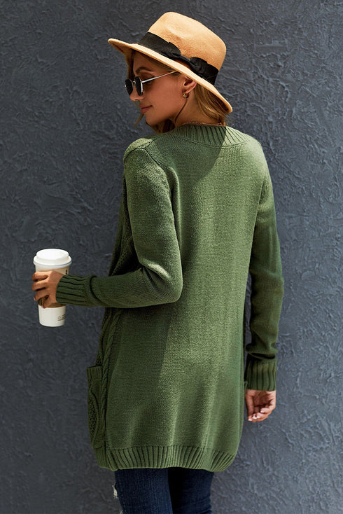 Textured Cable Knit Button Front Long Cardigan