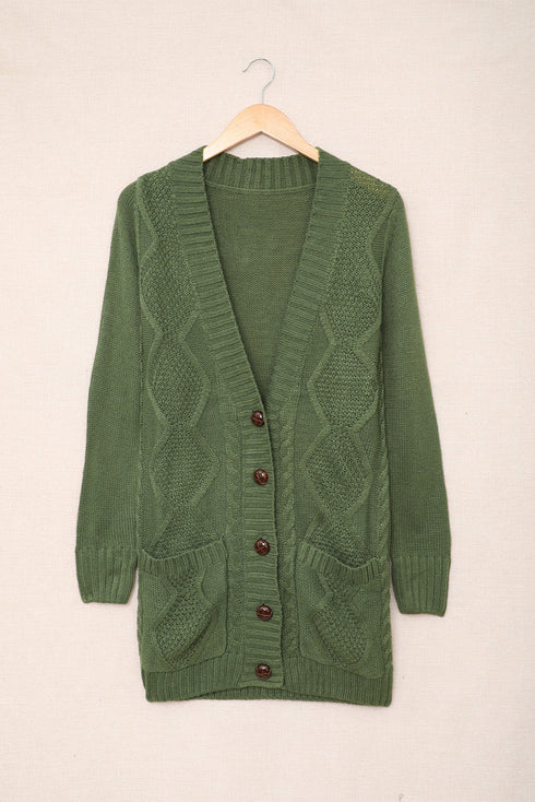 Textured Cable Knit Button Front Long Cardigan