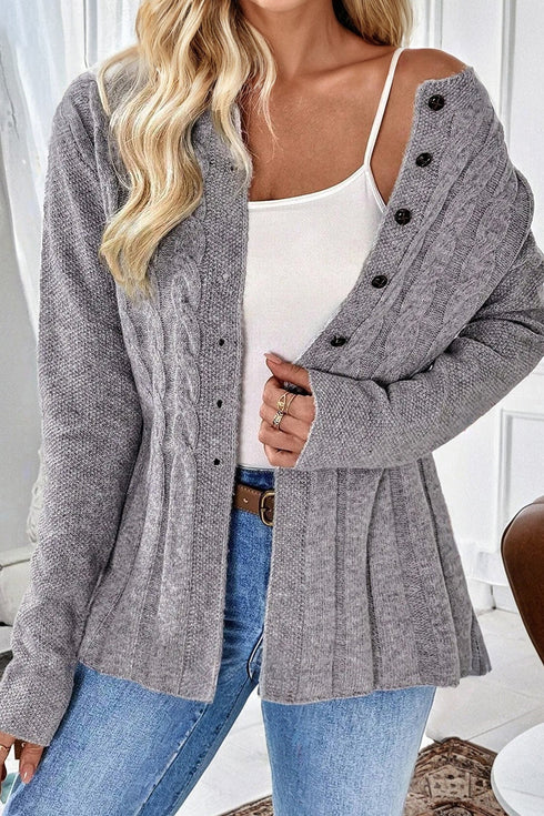 Textured Cable Knit Button Front Peplum Hem Cardigan