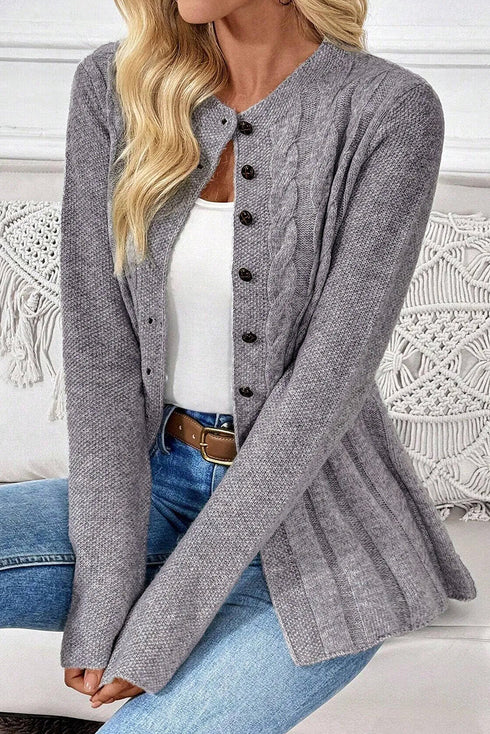 Textured Cable Knit Button Front Peplum Hem Cardigan