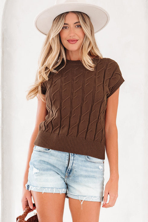 Textured Cable Knit Cap Sleeve Sweater Top