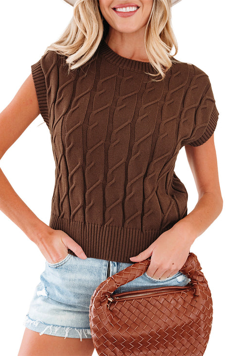 Textured Cable Knit Cap Sleeve Sweater Top