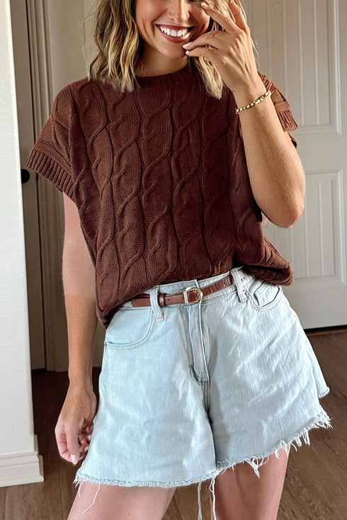 Textured Cable Knit Cap Sleeve Sweater Top
