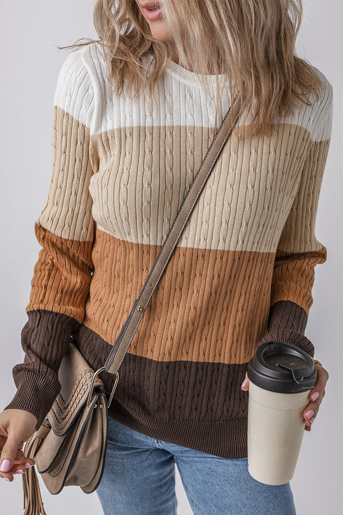 Textured Cable Knit Crew Neck Pullover Sweater