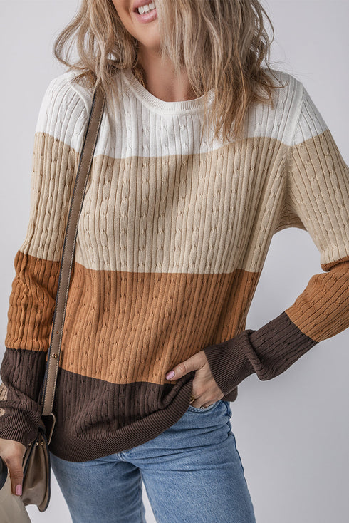 Textured Cable Knit Crew Neck Pullover Sweater