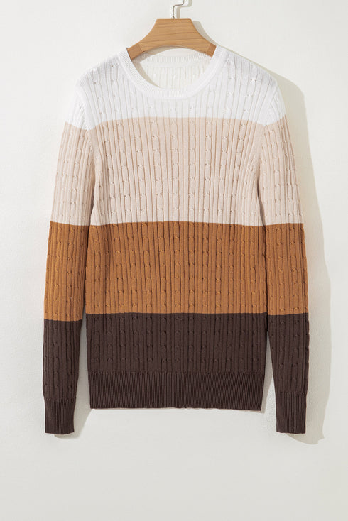 Textured Cable Knit Crew Neck Pullover Sweater