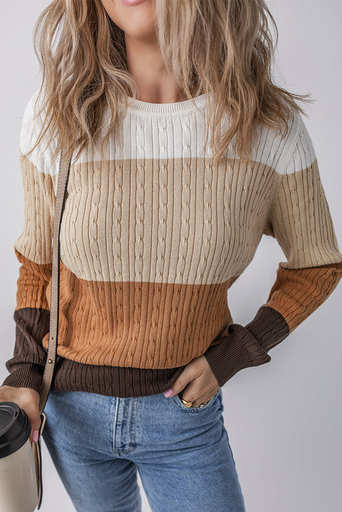 Textured Cable Knit Crew Neck Pullover Sweater